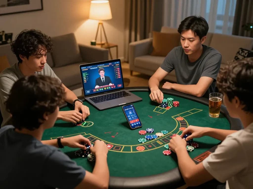 Engaging in tài xỉu online with friends at home, showcasing smartphone and live dealer interactions.