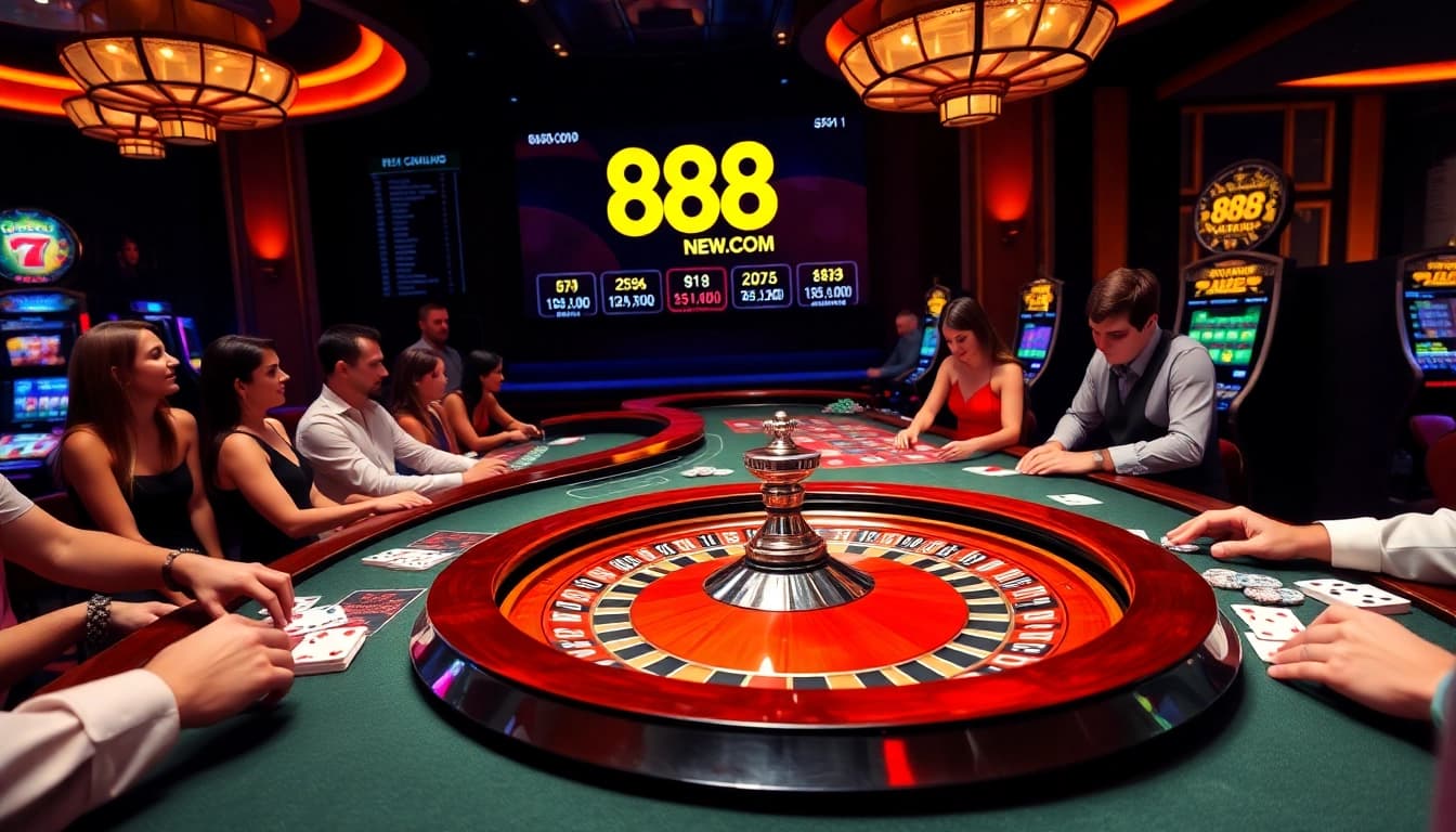 Experience the thrill of 888NEW COM as players bet at a vibrant casino table filled with action.
