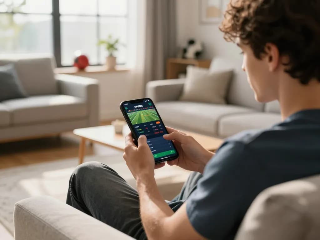 Player placing bets on OPEN88 app from comfortable home setting, showcasing mobile gambling excitement.