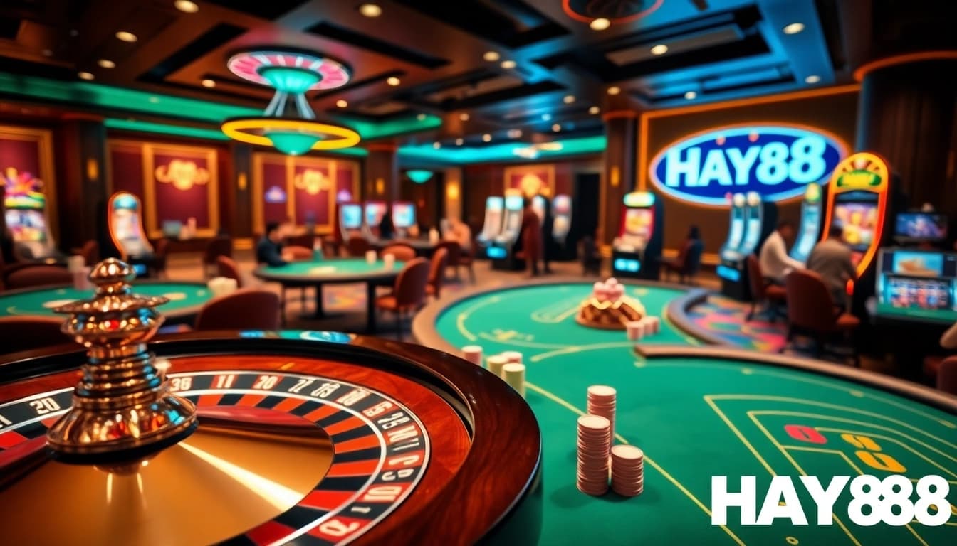 Players enjoying thrilling games at HAY88 casino with poker tables and exciting slot machines.