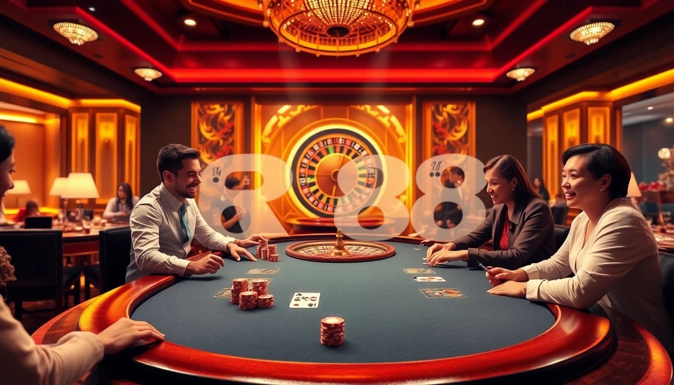 Experience the excitement of online gambling at RR88 with vibrant casino games, chips, and roulette.