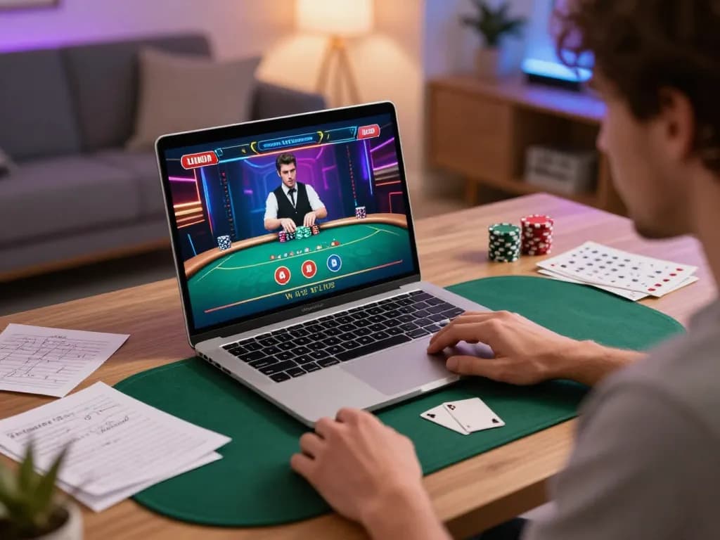 Engaging in live dealer poker online with 33WIN in a cozy, focused home gaming environment.