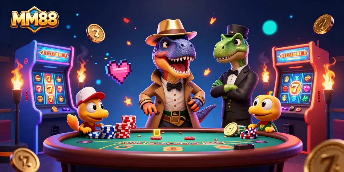 Experience MM88 in a vibrant casino setting with dinosaurs at play, showcasing thrilling gaming action.