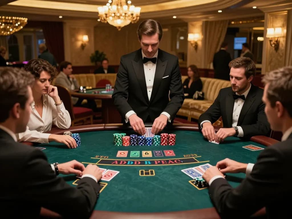 Players engage in a strategic blackjack game at a luxury casino, showcasing 89bet2 dynamics.