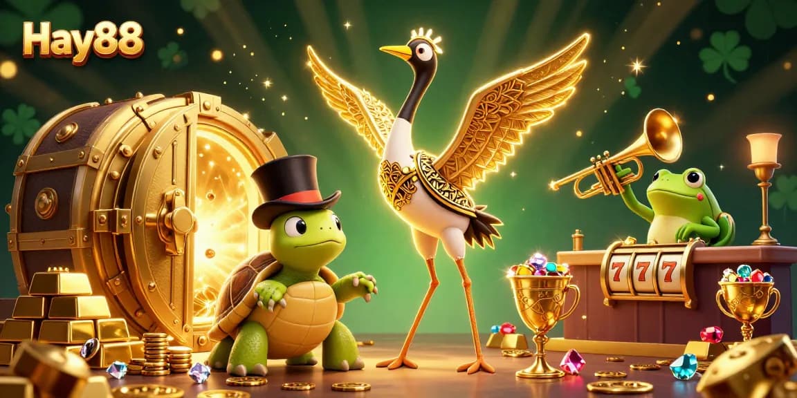 Experience excitement with Hay88's vibrant casino scene featuring animated characters and stunning treasure.