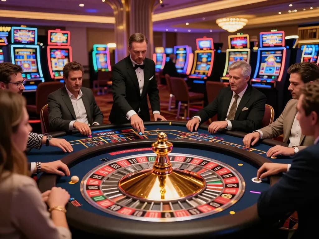 Players placing bets on a roulette table in an upscale casino while enjoying the Fly88 gaming experience.
