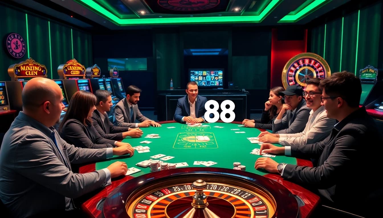 Engaged players at a GO88 poker table surrounded by vibrant casino elements.