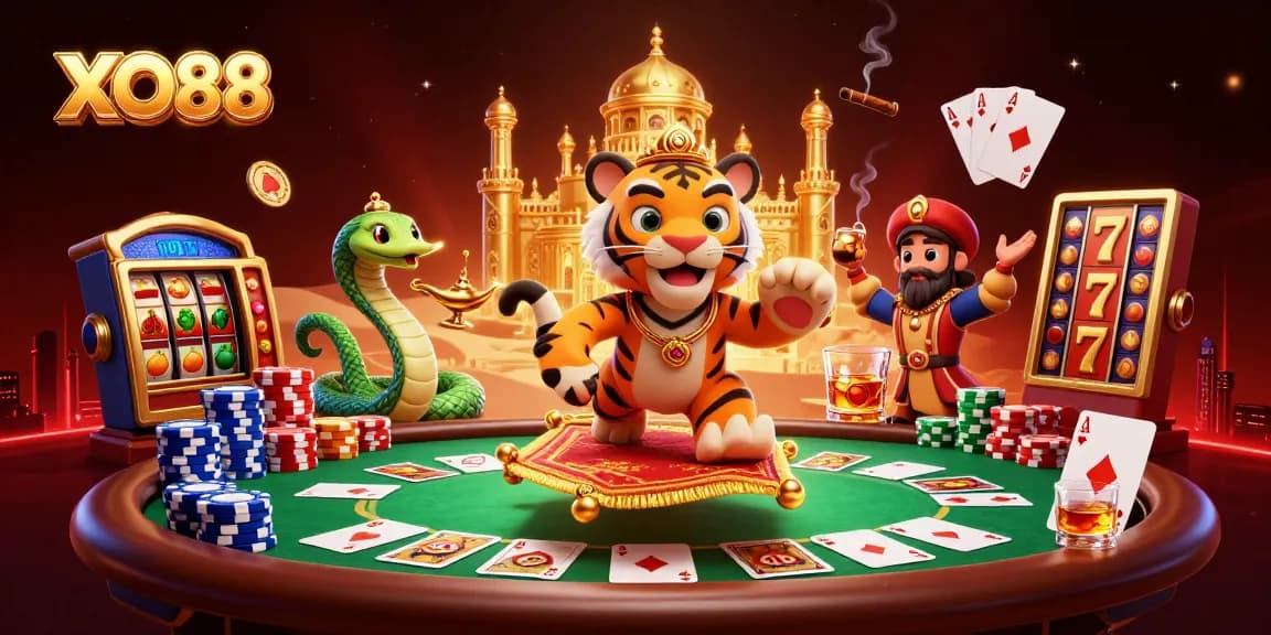 Experience thrilling gaming with XO88 featuring a 3D cartoon sultan on a magical carpet amidst a vibrant casino scene.