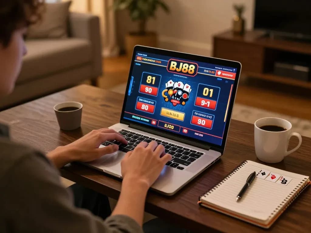Player enjoying BJ88 online casino games on laptop in a cozy home setting.
