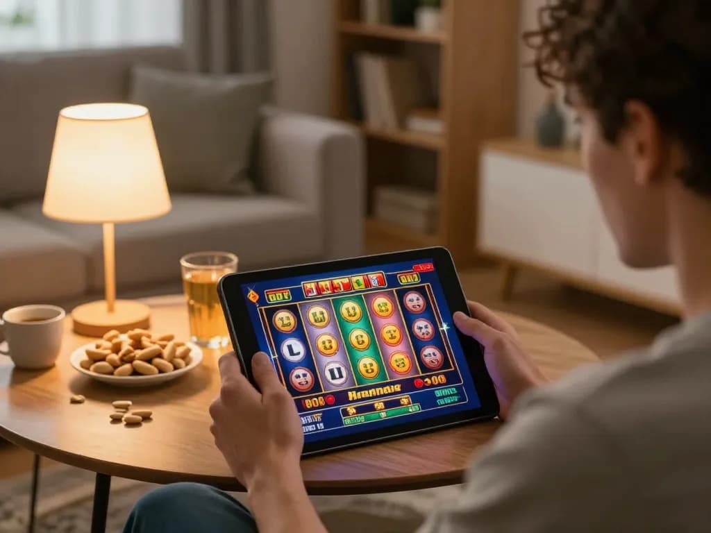Player enjoying jjun88 online slots in a cozy living room, highlighting excitement and comfort.