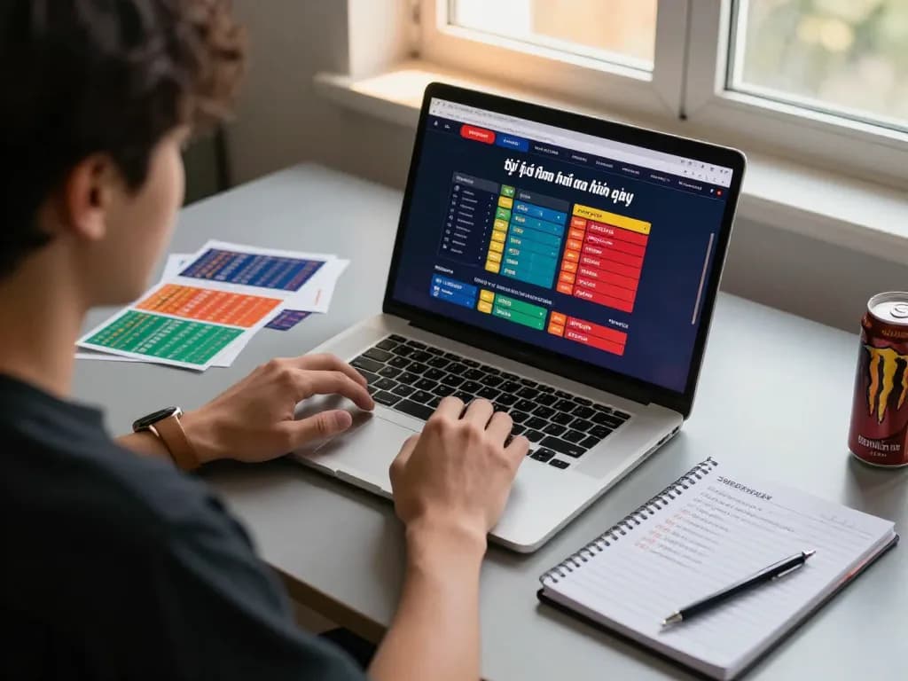 Analyze tỷ lệ kèo nhà cái hôm nay on a laptop, with vibrant betting slips and strategic notes.
