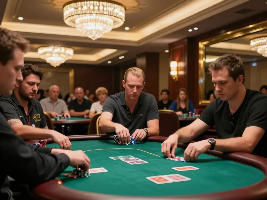 E2bet players engaged in a high-stakes poker game at a luxury casino.