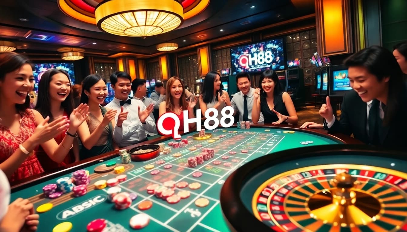 Experience the qh88 excitement with players at a lively casino table filled with chips and slots.