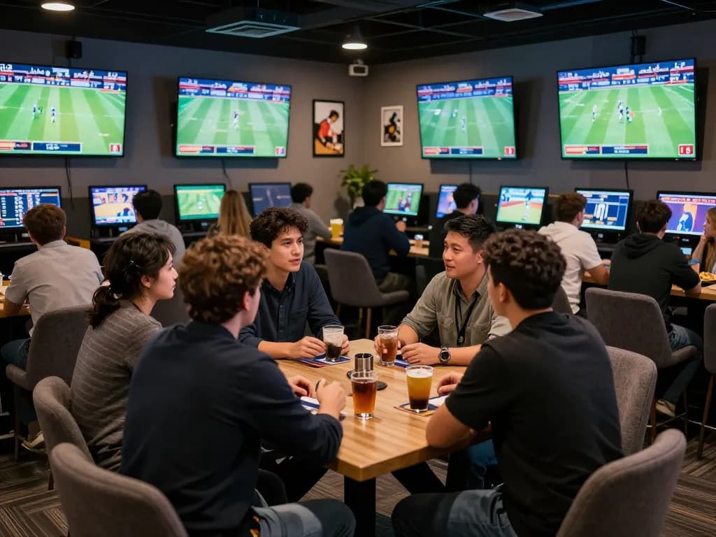Engaged fans in a sports betting lounge discussing nhandinhkeonhacai strategies while watching multiple screens.