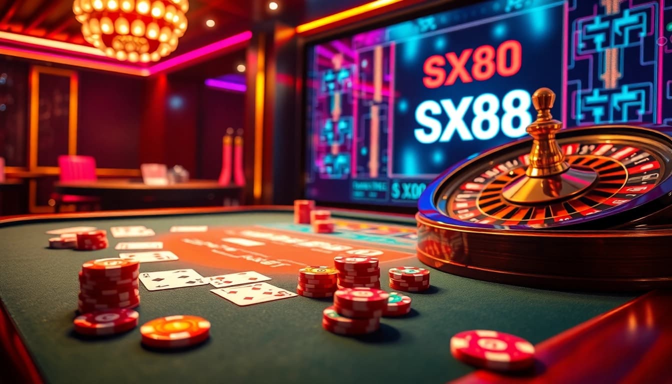 SX88 casino table with vibrant cards and poker chips, evoking a luxurious gambling experience.