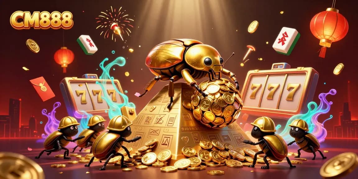Experience the thrilling gameplay of CM888 with golden beetles and casino symbols in action.