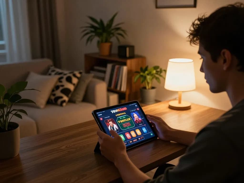 Player engaging with online 789Club casino on tablet in a cozy home setting, showcasing responsible gaming.