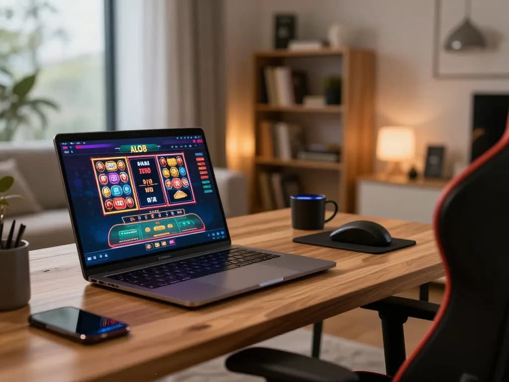 Engaging gameplay on ALO8 casino interface in a stylish home setup, highlighting online gambling strategies