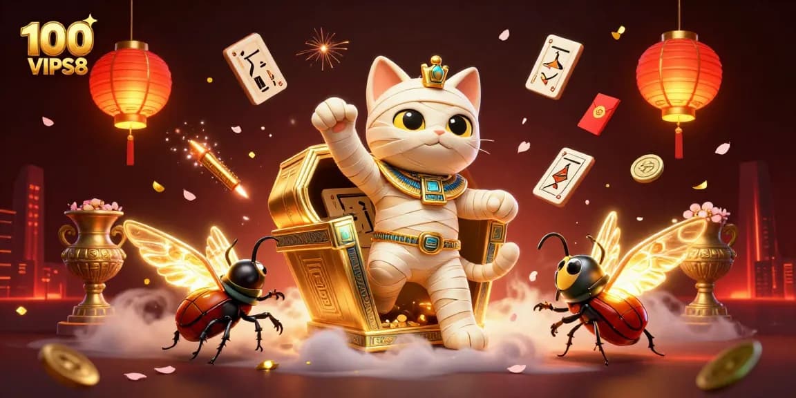 Experience exciting games with 100VIPS8 through a vibrant casino-themed 3D illustration featuring playful characters.