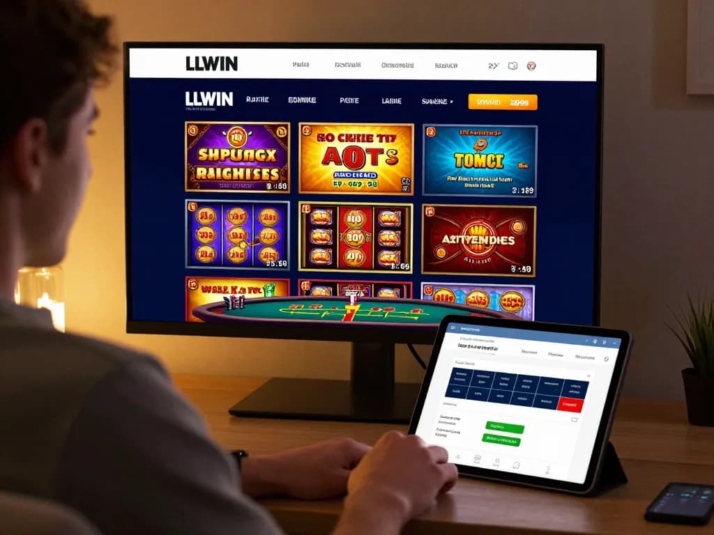 Player engaging in LLWIN online casino gameplay on a tablet, showcasing various games and responsible betting tools