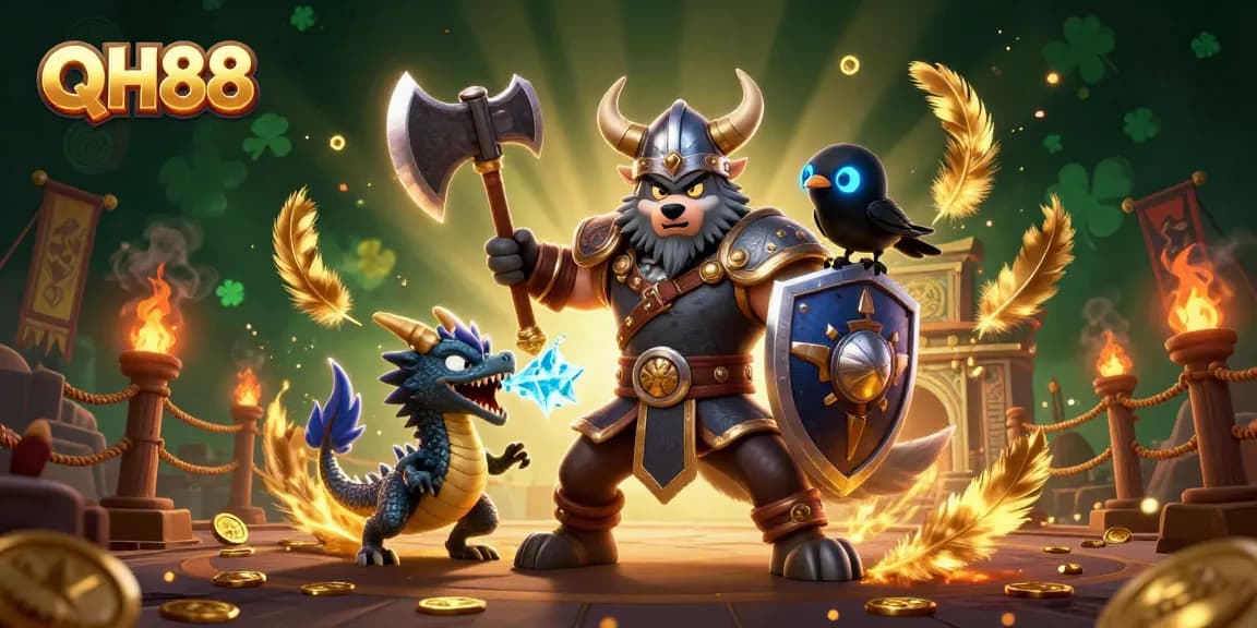 Experience thrilling wins at QH88 with our fierce Viking warrior battling alongside a dragon in the casino arena.