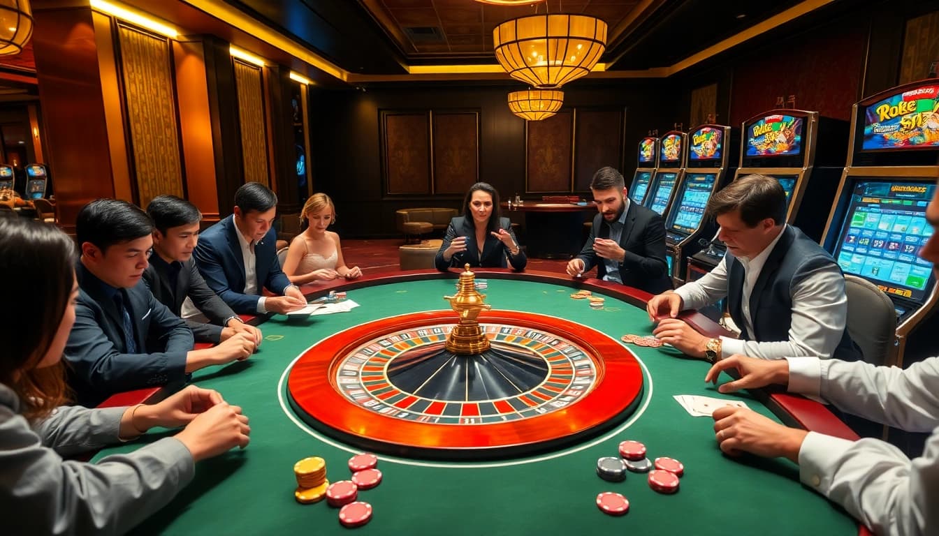 Engaging BDTK1 gaming scene with roulette wheel, casino players, and vibrant slots.