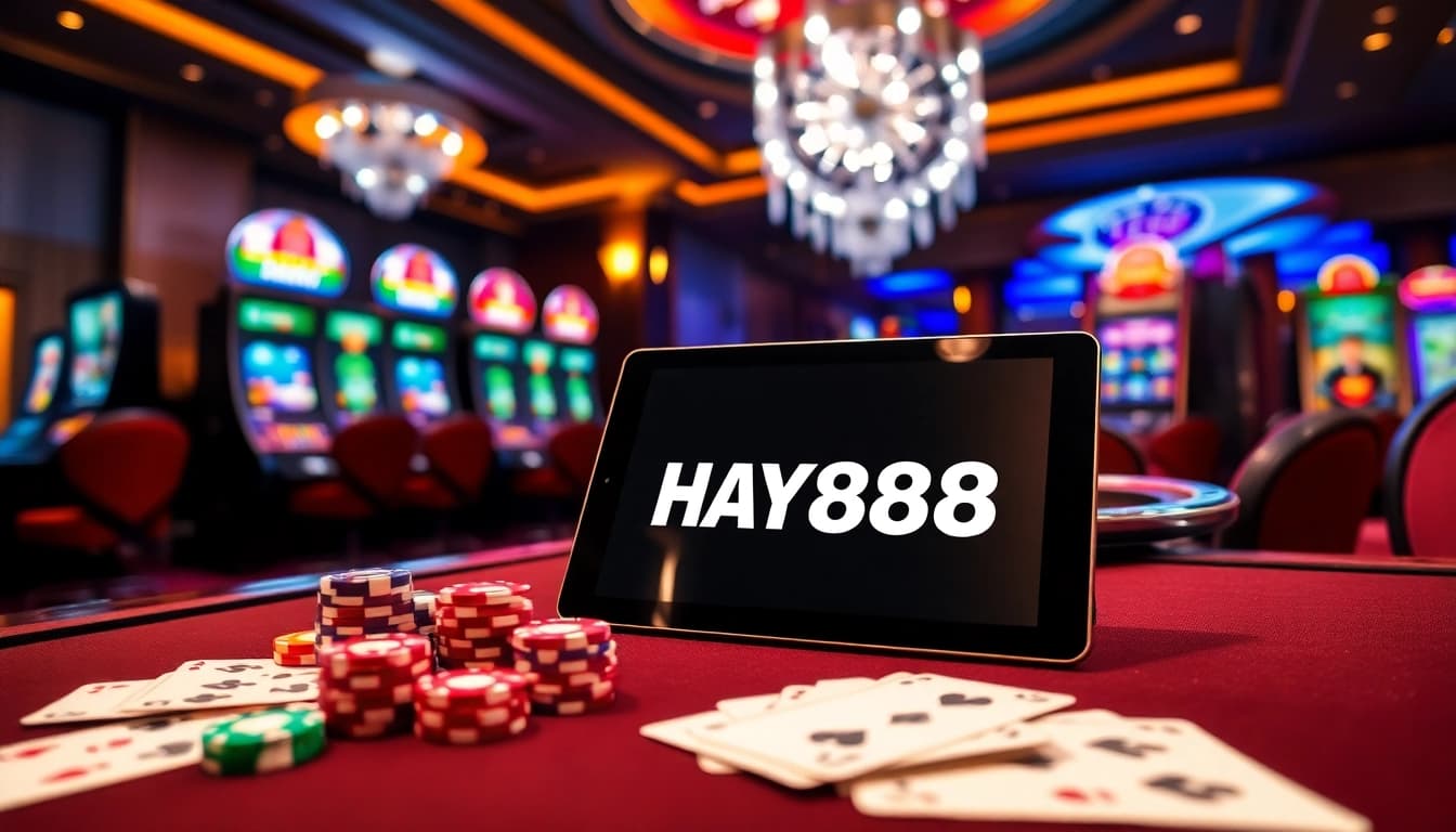 HAY88 casino table with vibrant poker chips and an online gambling interface, showcasing luxury.