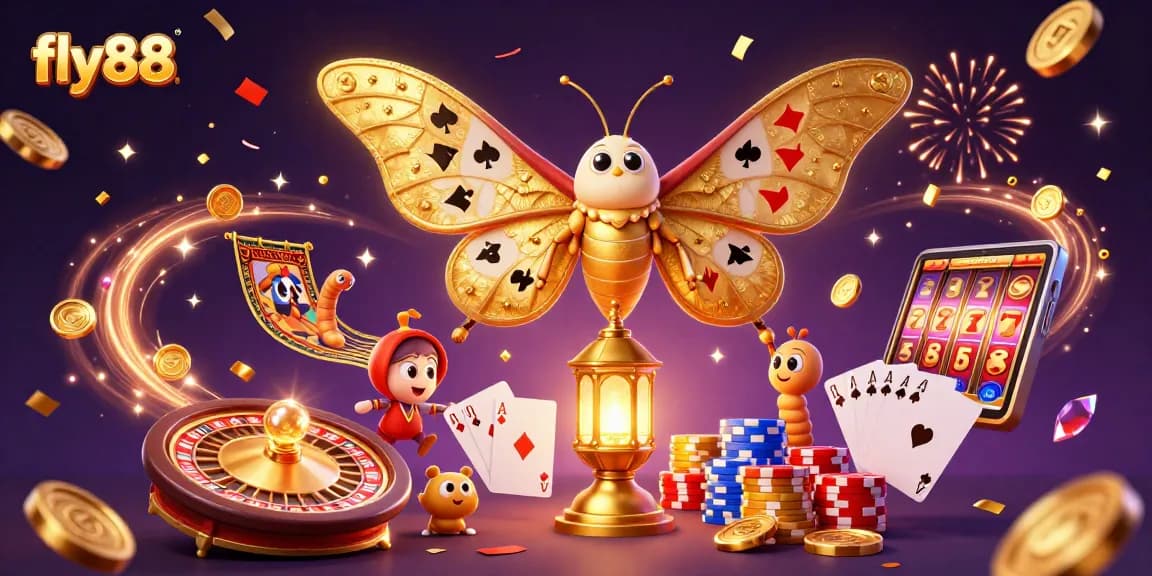 Experience excitement at fly88 with a vibrant 3D casino scene featuring golden coins and vibrant game elements.