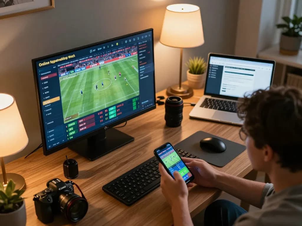 Online sports betting session at home showcasing a user actively placing bets through nhà cái jun88 on multiple screens, reflecting strategic engagement.