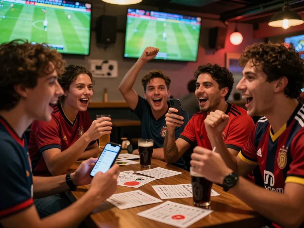 Fans engaging with kèo bóng đá odds while cheering in a sports bar during a match.