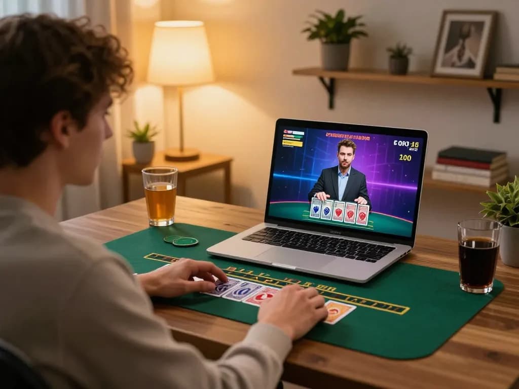 Player enjoying online casino game Go 88 on a laptop in a cozy home setting with strategic elements visible