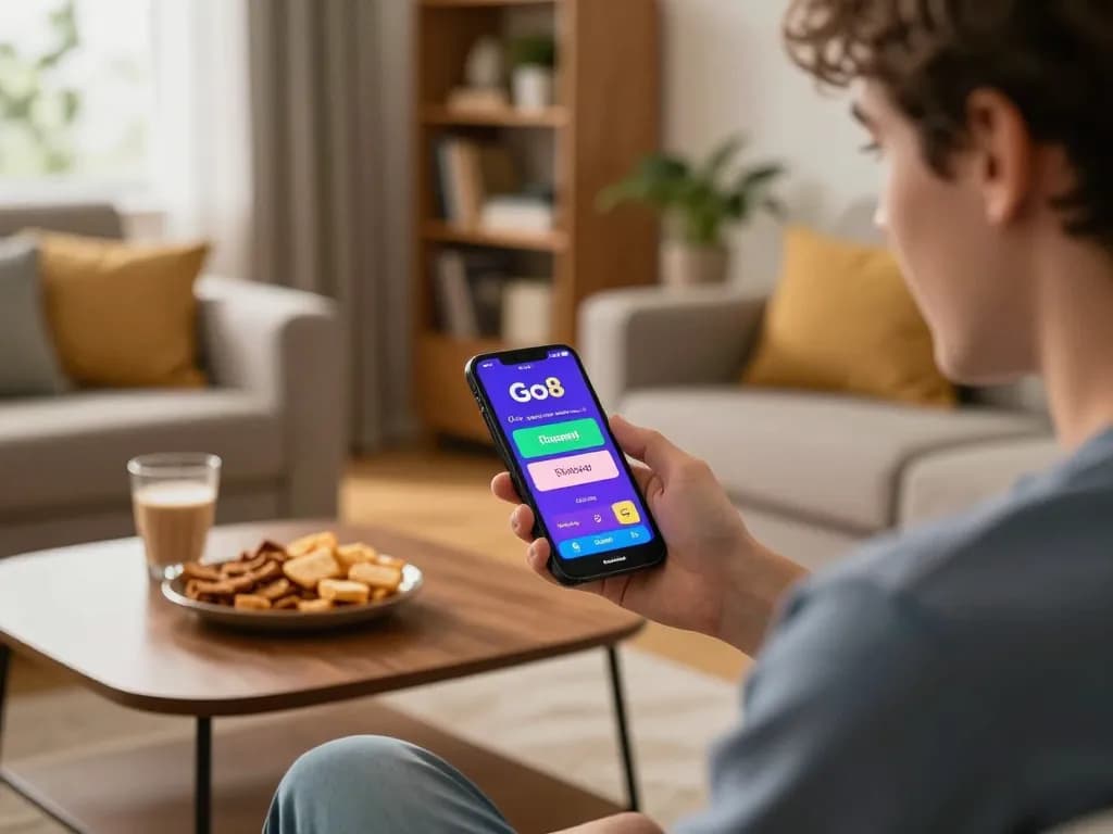 Engaging in mobile gambling with Go8 app in cozy living room, placing bets for excitement.