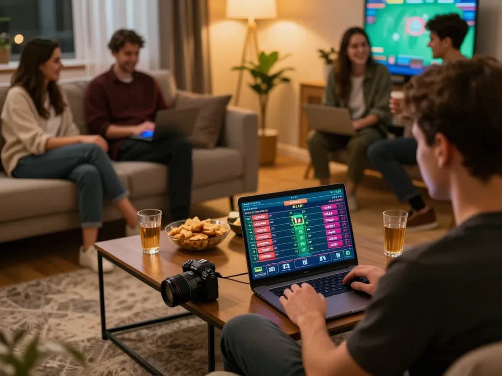 Player strategizing with va88 sports betting insights on a laptop in a cozy home setting.