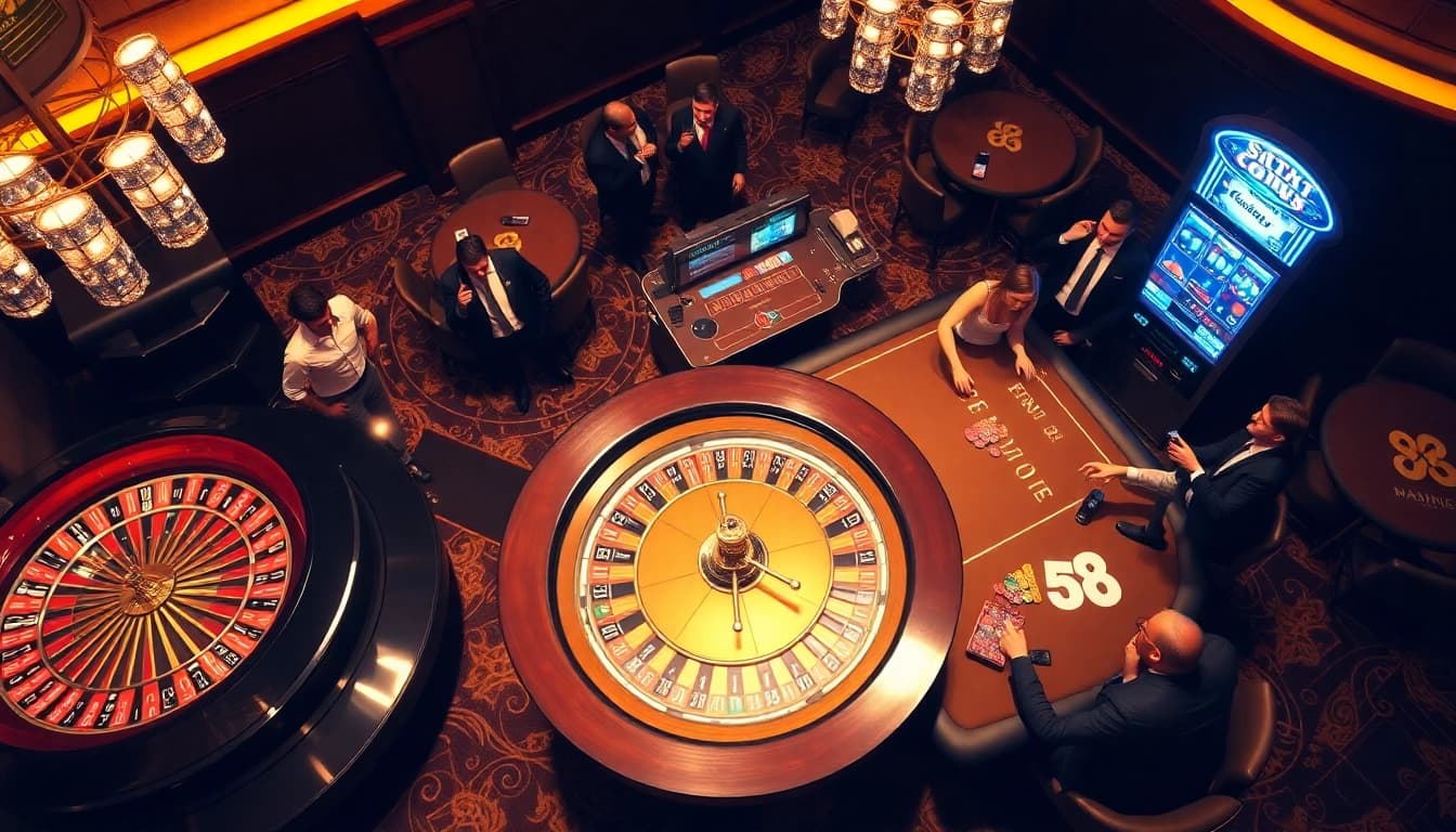 Players enjoying a thrilling TV88 game at a luxurious casino with roulette and poker.