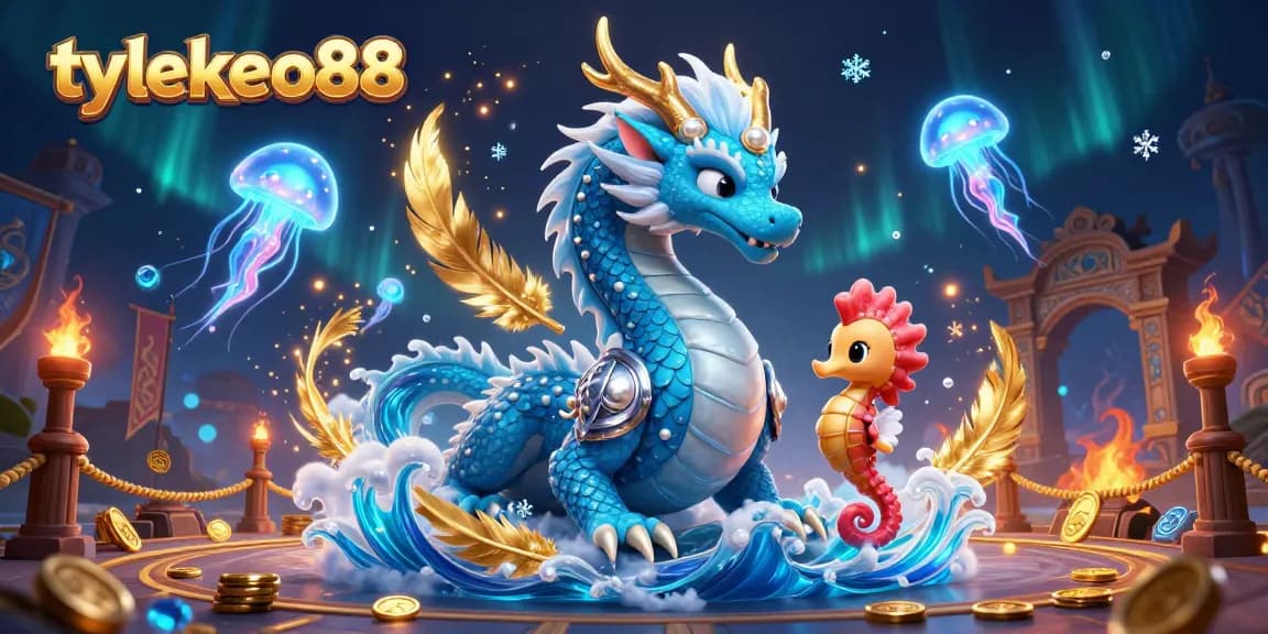 Engage in thrilling betting with tylekeo88, featuring a vibrant dragon and seahorse in a dynamic casino scene.
