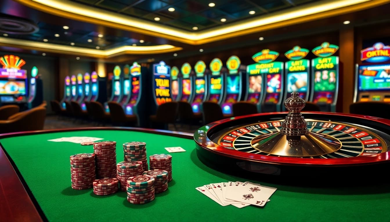 A lively casino table scene at 88AA COM, showcasing poker chips, cards, and a roulette wheel, inviting excitement and engagement.