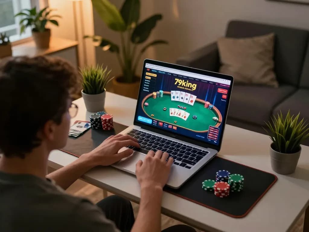 Engaging with 79king's online poker game, highlighting the home gaming atmosphere.