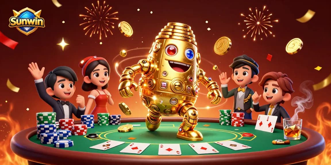 Experience the thrill of gaming with Sunwin, featuring a dynamic gold golem and poker elements.