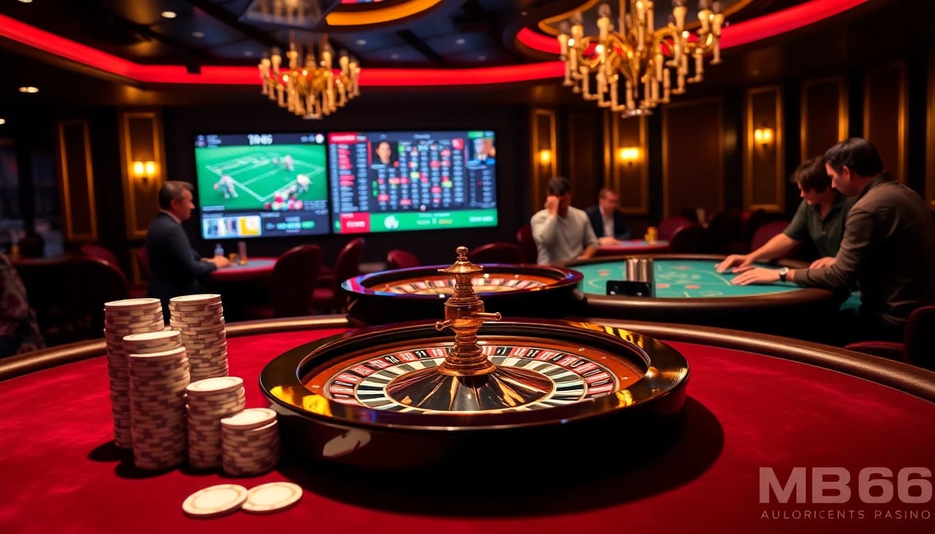 Experience MB66's thrilling casino atmosphere with vibrant games and luxurious setting.