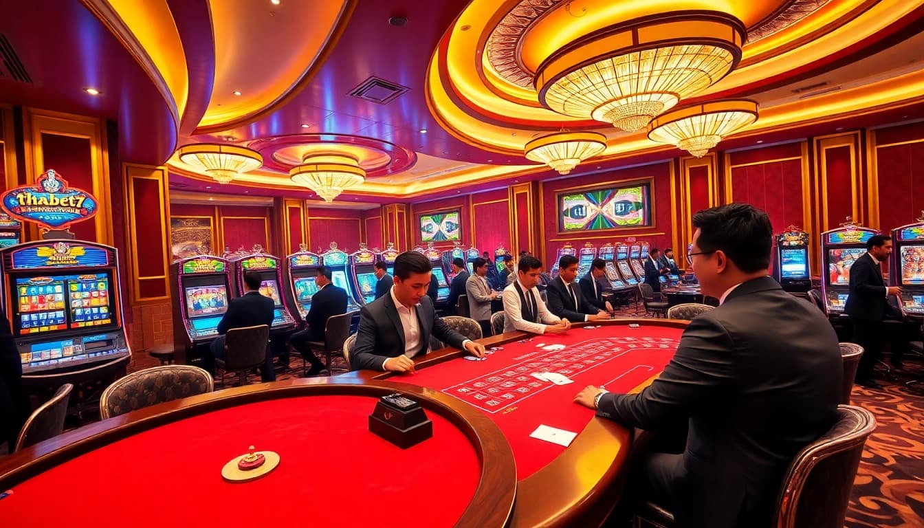 An exciting moment at THABET77 casino with players enjoying poker and roulette, showcasing luxury and engagement.
