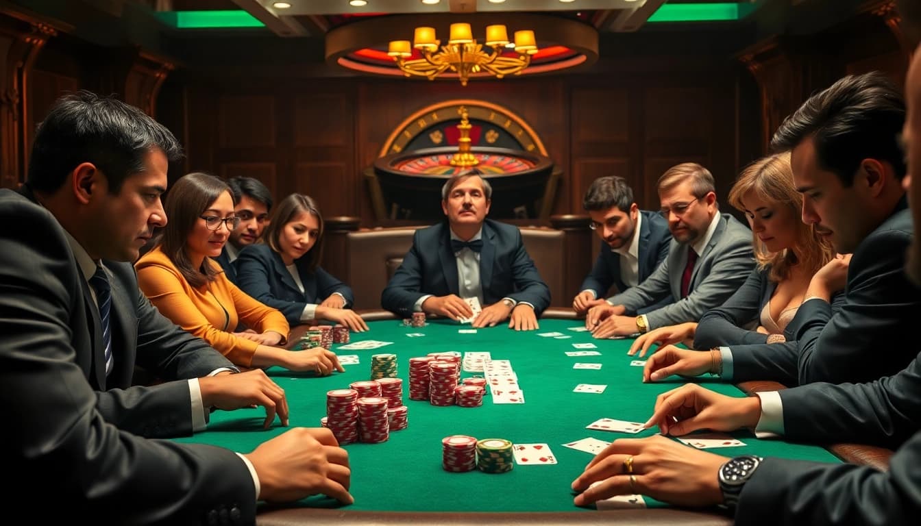 Exciting poker game at a luxurious casino with stacks of chips and cards highlighting https://abc8.movie/ experience.