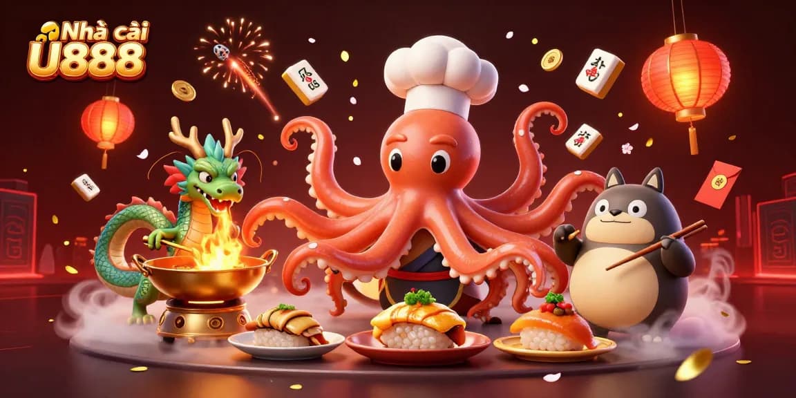 Engage in vibrant gameplay at Nhà cái U888 with dynamic culinary characters and festive casino elements.