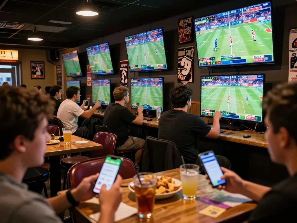 View of patrons using Usbet app for sports betting in active sports bar setting.