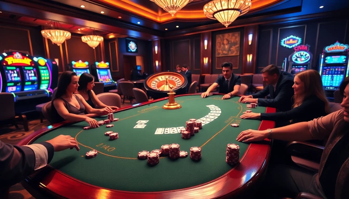 Engaging poker players at a luxurious casino table from https://vn88.directory/ showcasing high-stakes excitement.