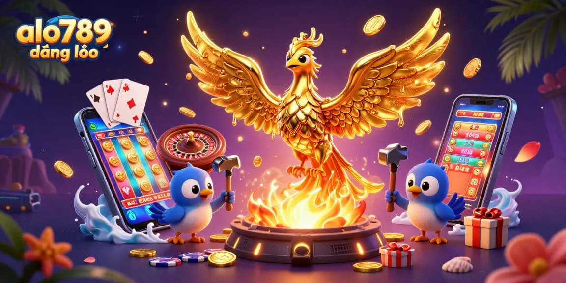 Alo789 đăng nhập with a dynamic casino-themed illustration featuring a molten metal phoenix, vibrant game elements.