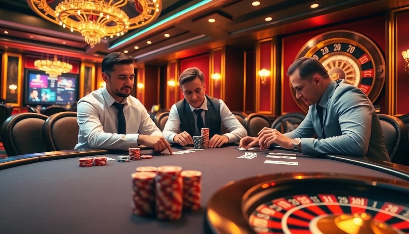 Players strategize at a poker table showcasing 98win98’s thrilling gambling experience.