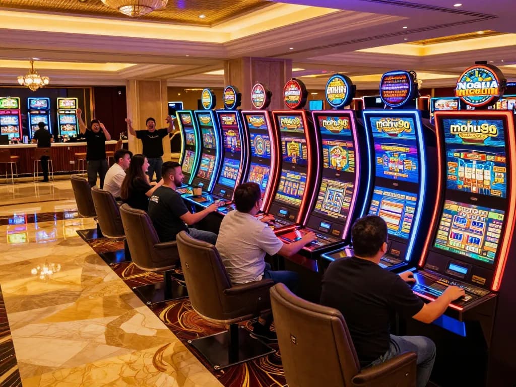 Nohu90 players celebrating wins at colorful slot machines in an upscale casino.