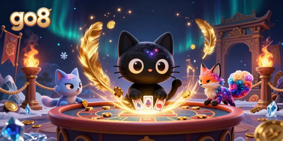 The cosmic casino scene features the stylishly charming go8 black hole cat captivating gold chips and cards.
