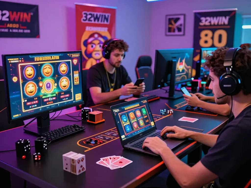 32win players enjoying a lively online gambling experience with interactive games and modern setups