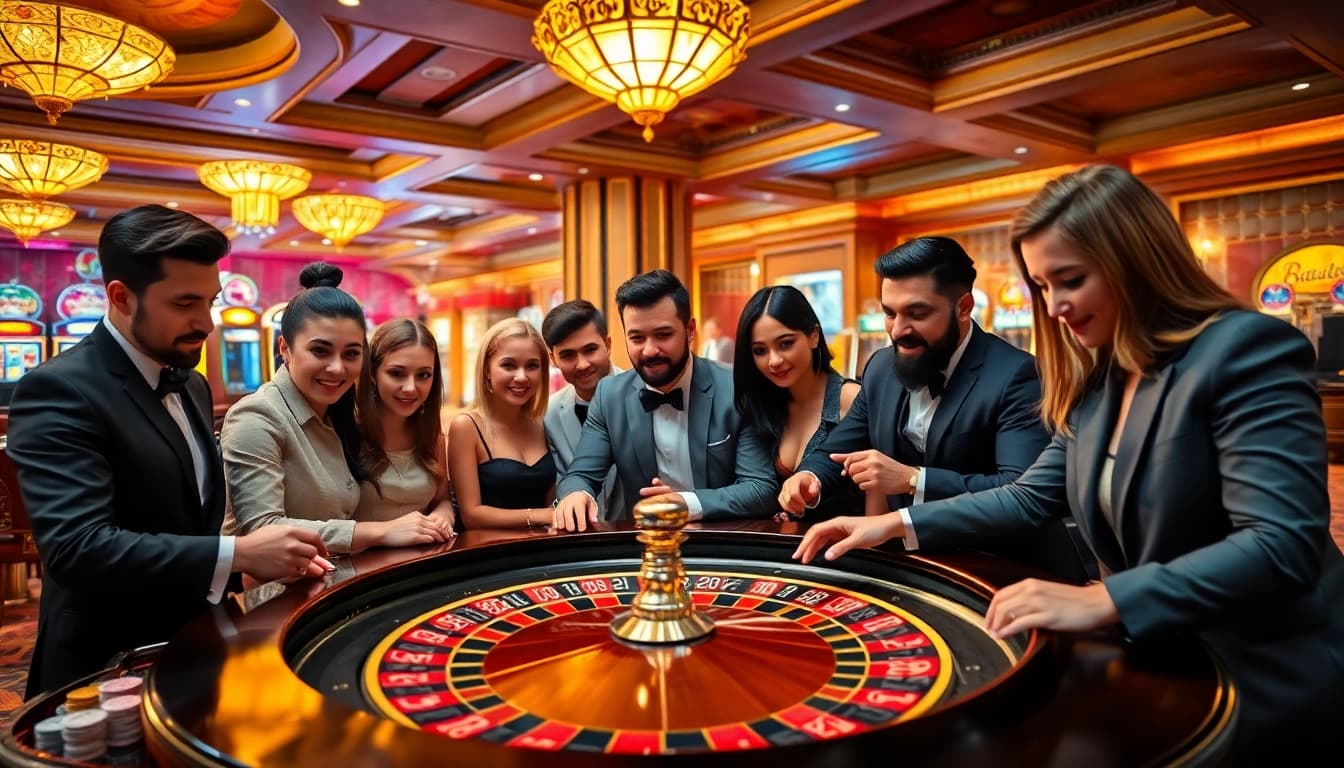 Experience the excitement at https://x88.lol/ with diverse gamblers at a luxurious casino table, surrounded by vibrant gaming elements.